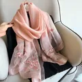 Pink silk wool scarf with intricate flower embroidery and lightweight translucent fabric - Pink