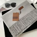Elegant grey thick cashmere-like scarf with fringe edges and premium leather brand tag - Extended Version / Light Gray