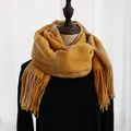 Elegant bright yellow oversized plaid scarf with tassels on a black sweater base - 190cm / Sweet Yellow Plaid
