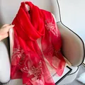 Detailed embroidery on a lightweight red silk wool scarf with elegant floral patterns - 195CM / Red