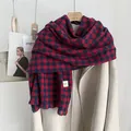 Thick red and blue checkered houndstooth scarf with fringe and minimalist label - Red