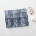 Elegant blue and white houndstooth plaid scarf with soft fringe and knit texture - 190cm / Blue Mix Plaid