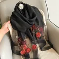 Black silk wool scarf with colorful floral embroidery and sparkling metallic threads - Elegant Black