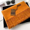 Ginger orange imitation cashmere scarf with tassels and brand leather tag detail - Orange & Yellow