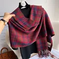 Classic red and blue plaid scarf with fringe detail on a black knit background - Vintage Red Blue Plaid (Type N)