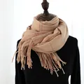 Elegant houndstooth plaid scarf in camel with orange and blue accents and tassel hem - 190cm / Sweet Camel Plaid