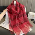 Double-layer silk plaid scarf for women in red and black classic checkered pattern - Red