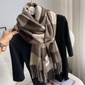 Brown and beige checkerboard scarf with tassels and camellia brooch accessory - Brown Apricot Checkerboard (Type K)