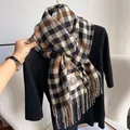Winter long plaid scarf in black beige and orange with soft texture and fringes - Black Beige Orange Splicing Plaid (Type M)