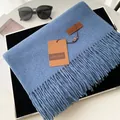 Thick solid dark blue faux cashmere scarf with fringes and brown leather label - Extended Version / Blue Denim