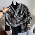 Classic black and white houndstooth knit scarf with long tassels and thick warm fabric - Black White Houndstooth Splicing (Type P)