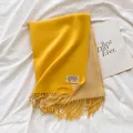 Double-sided faux cashmere scarf in bright yellow and beige with fringe and woven label - Yellow