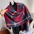 Plaid cashmere scarf in deep red and navy blue with tassels and woven label details - Dark Red Navy Large Plaid (Type T)