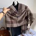 Brown and beige houndstooth check cashmere scarf with tassels on a display stand - Dark Brown Beige Houndstooth (Type Q)