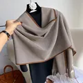 Brown and beige chevron cashmere scarf with fringe details on a black sweater - Brown Beige Chevron (Type R)