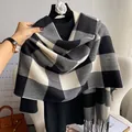 Classic black and white checkered scarf with fringe tassels for autumn and winter - Black White Large Plaid (Type J)