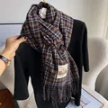 Checkered vintage cashmere-like scarf in dark blue and orange with decorative patch - Navy Orange White Plaid (Type H)