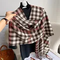 Brown and white plaid tassel scarf in soft cashmere style for autumn and winter outfits - Coffee White Plaid (Type L)