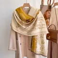 Sciarpa spessa effetto cashmere con stampa artistica beige zenzero e frange - 188CM / Pegaso Giallo