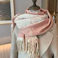 Pink and beige cashmere-like scarf with cat patterns and long decorative fringes - 190cm / Pink