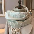 Winter faux cashmere scarf with cute cat pattern and tassels in beige and khaki - 190cm / Green