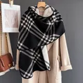Classic black and white checkered faux cashmere scarf with elegant blanket stitch edges - Black