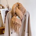 Detail of camel fringe scarf showing soft knit texture and woven brand label on wool coat - Camel