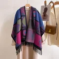Detail of bohemian shawl with mandala prints, fringe tassels and knit texture - Black/Rose Red