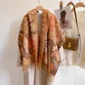 Ethnic fringe shawl with caramel leaf pattern in thick cashmere-like knit fabric - Floral Bird Khaki