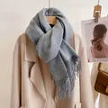 Detail showing soft light blue plaid scarf texture with long fringe on a warm coat - Blue