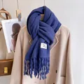 Solid navy blue knit scarf with fringes and minimalist label on beige wool coat - Navy Blue