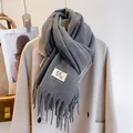 Minimalist solid dark grey scarf with tassels styled on a classic beige cashmere coat - Dark Gray