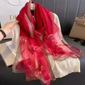 Luxurious deep red silk blend scarf with tulip embroidery and gold bead accents - Wine Red