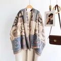 Elegant cashmere-feel camellia flower scarf with tassels and geometric stripes shawl - Extended Version / Camellia Blue Khaki