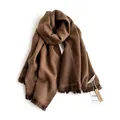 Deep brown cashmere feel scarf featuring waffle texture and classic fringe edges - Chestnut Brown