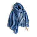 Soft blue imitation cashmere scarf with knitted wavy texture and fringe trim - Fog Blue