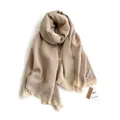 Beige and light brown striped cashmere-like scarf with fringe and brand labels - Khaki