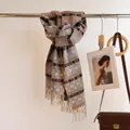 Detailed view of the plaid winter scarf with fringe accents and warm wool-like texture - Multicolor Plaid - Gray
