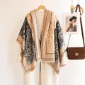 Cashmere feel paisley print shawl wrap for women with blue and beige floral patterns - 185 / Khaki Black