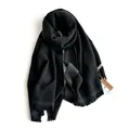 Solid black faux cashmere scarf for men and women featuring delicate fringe details - Dark Grey