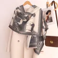 Thick horse pattern cashmere-feel scarf with tassels and handmade label for winter warmth - Gray