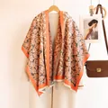 Luxurious orange and grey paisley print cashmere-like shawl with fringe for winter - 185 / Grey Beige