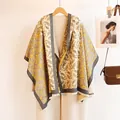 Detail of paisley pashmina shawl with ginger yellow patterns and handmade leather label - 185 / Beige Yellow