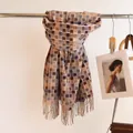 Plaid scarf with beige blue and brown geometric squares and fringed tassel edges - Multicolor Plaid - Pink
