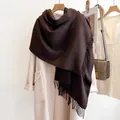 Classic dark brown wool scarf with tassel fringe styled over a beige autumn coat - 185cm / Coffee
