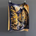 Gestricktes Schultertuch im Ölgemälde-Stil mit Mondschein-Stadtszene und Fransenrand - 185 / Wasserstadt - Nachtblau