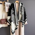 Jacquard scarf with horse motif and geometric patterns on a stylish beige coat - Horse-Black