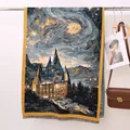 Van Gogh Starry Night Hogwarts style cashmere-feel scarf with yellow fringe trim - 15# Castle Under Starry Sky