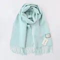 Klassischer mintgrüner Wollmischschal mit Fransen und hochwertigem Webetikett-Detail - Wasserblau / 185