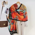 Artistic oil painting scarf with orange flowers and blue background on white coat - 16# Romantic Butterfly Garden